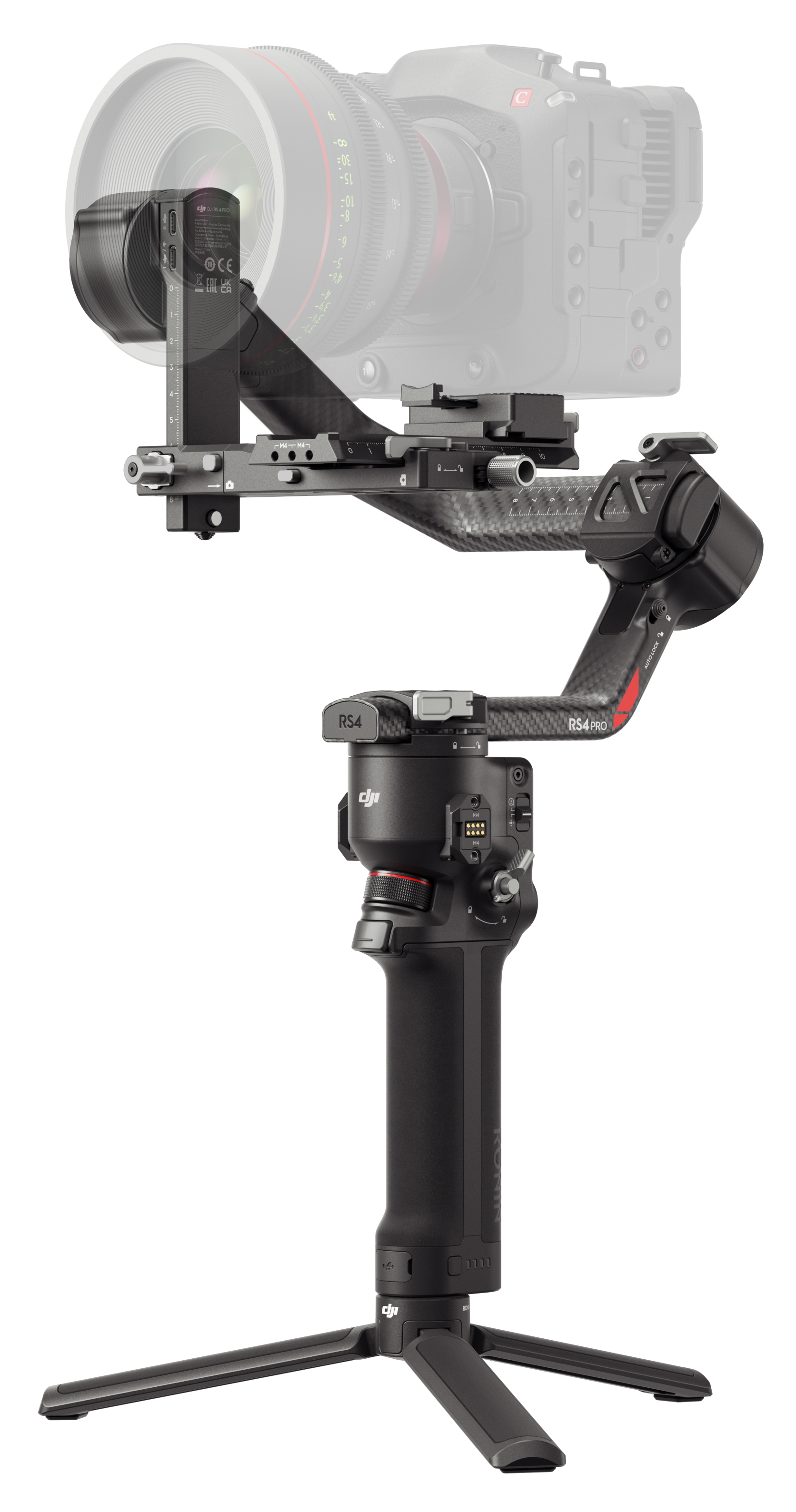 Czarny i czerwony gimbal DJI Ronin RS4 Pro z mocowaniem kamery na statywie.