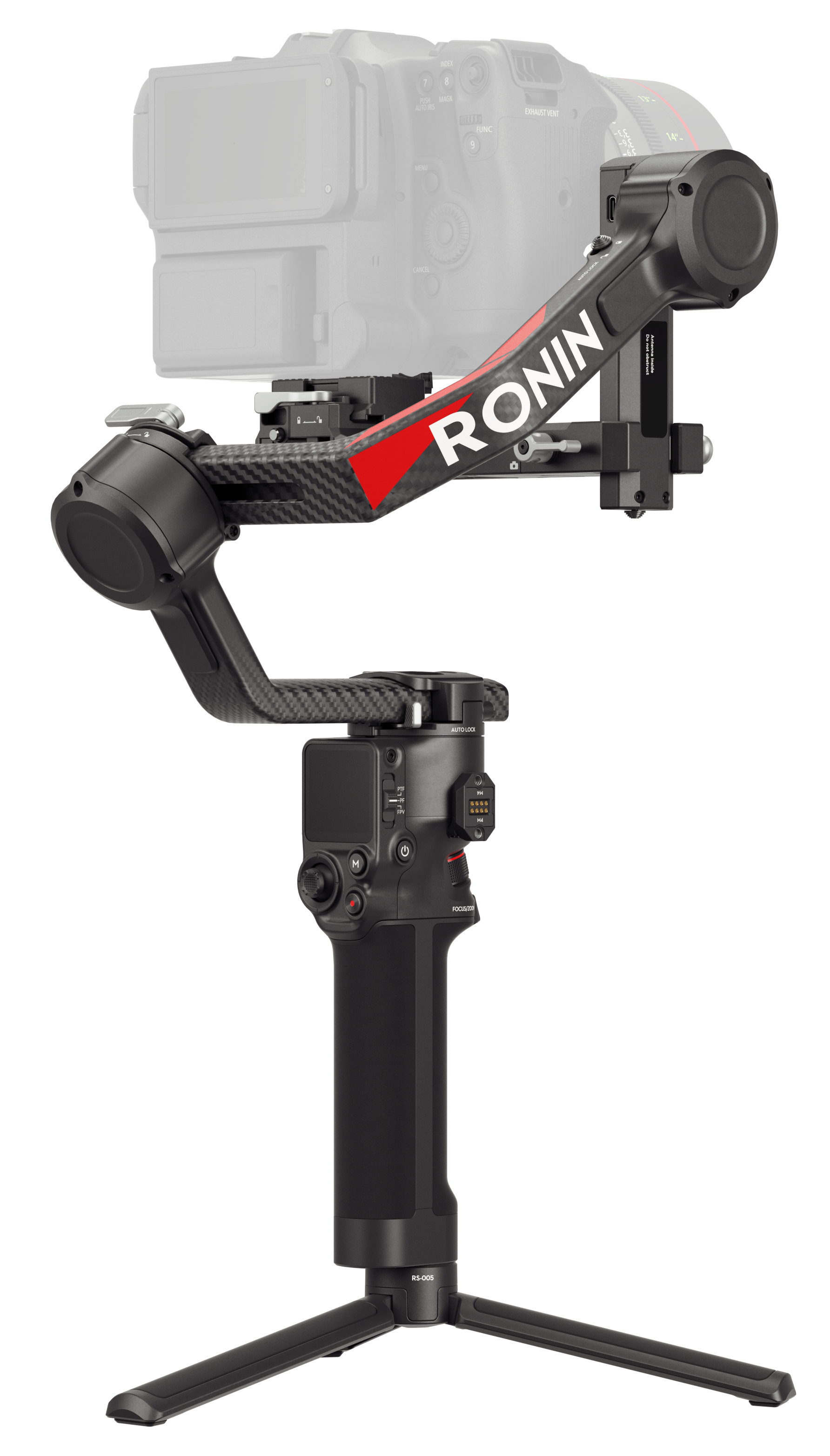 Czarny stabilizator kamery Ronin z czerwonymi akcentami i dołączoną kamerą. Na statywie, białe tło.