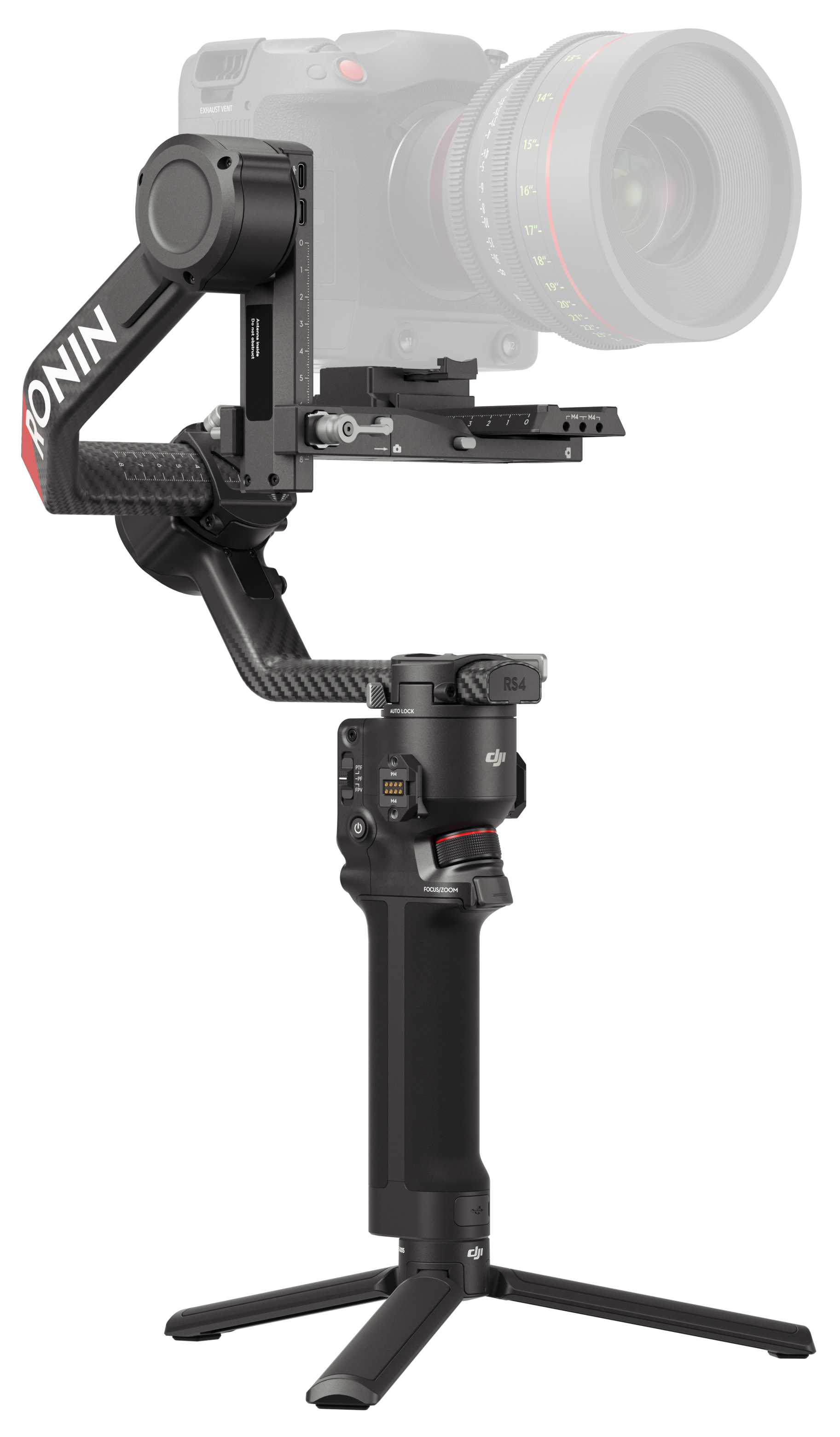 Czarny stabilizator kamery Ronin RS4 z kamerą na górze, na statywie.