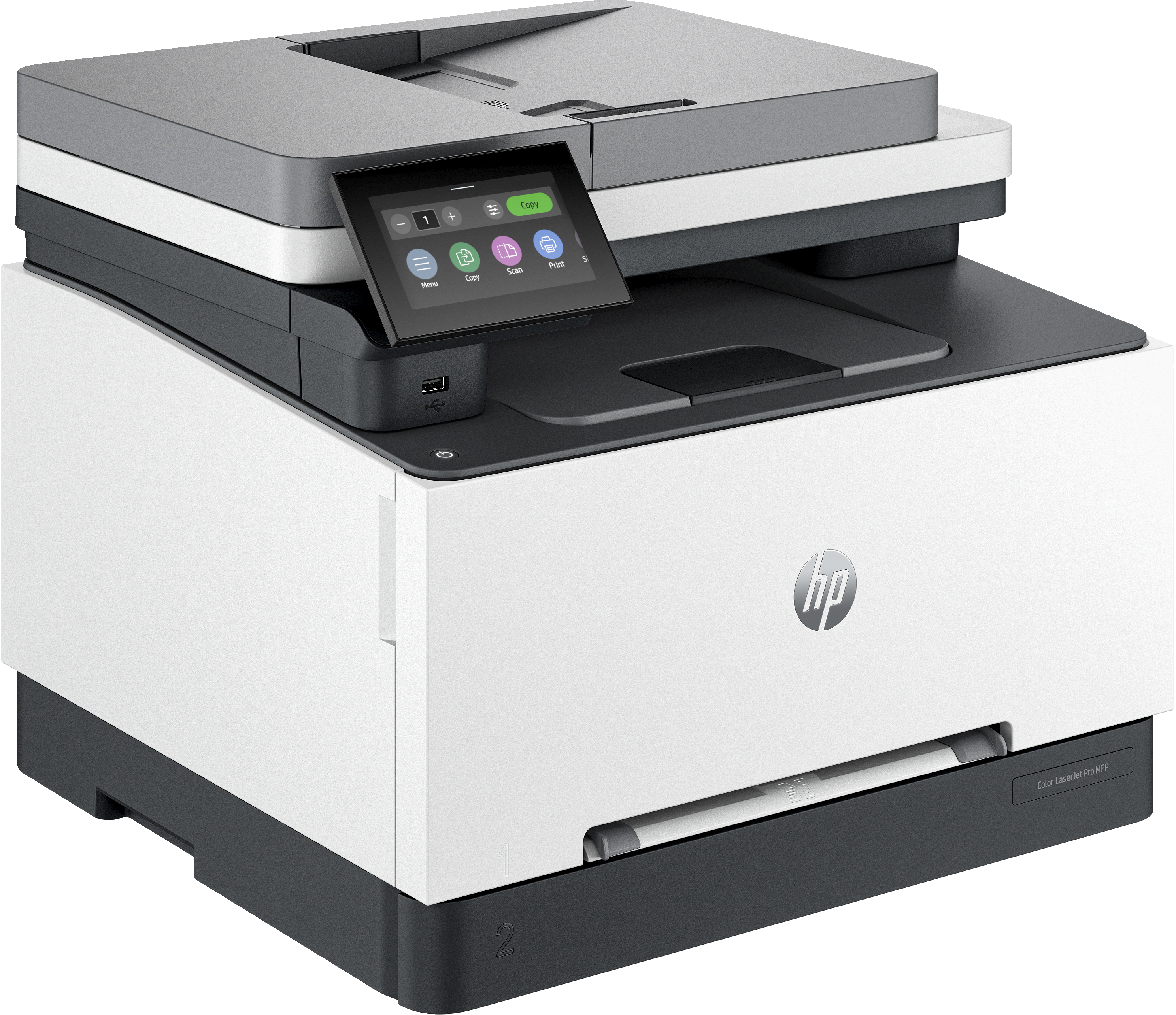 Ein weiß-grauer Drucker mit Touchscreen-Display und HP-Logo auf der Vorderseite.
