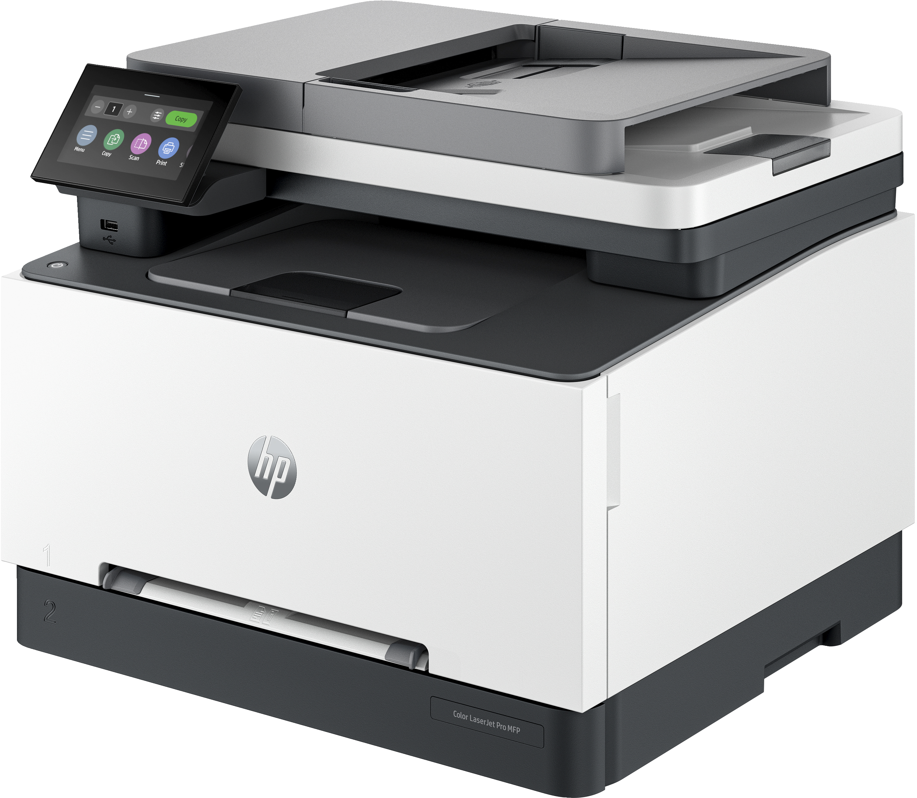 Weißer und grauer HP Farblaserdrucker. Er hat ein Touchscreen-Bedienfeld und einen Dokumenteneinzug.