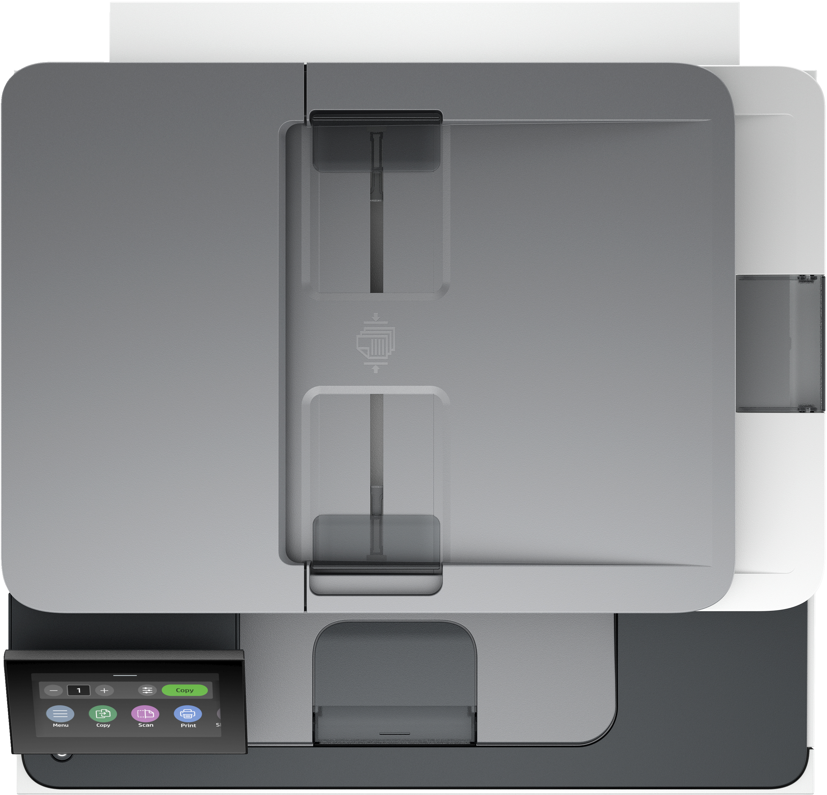 Draufsicht auf einen Drucker. Er ist grau und weiß mit Touchscreen und Kopiertaste.