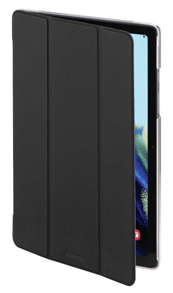 Czarne etui na tablet, częściowo otwarte, pokazujące tablet.