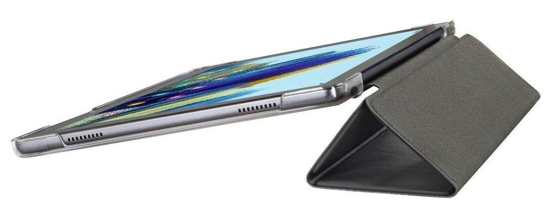 Tablet w etui, pochylony w górę. Etui szaro-zielone, ekran widoczny.