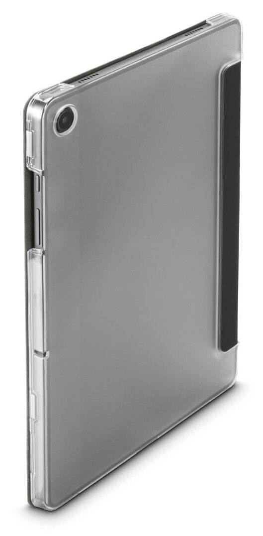 Etui na tablet z przezroczystym tyłem i czarną okładką.