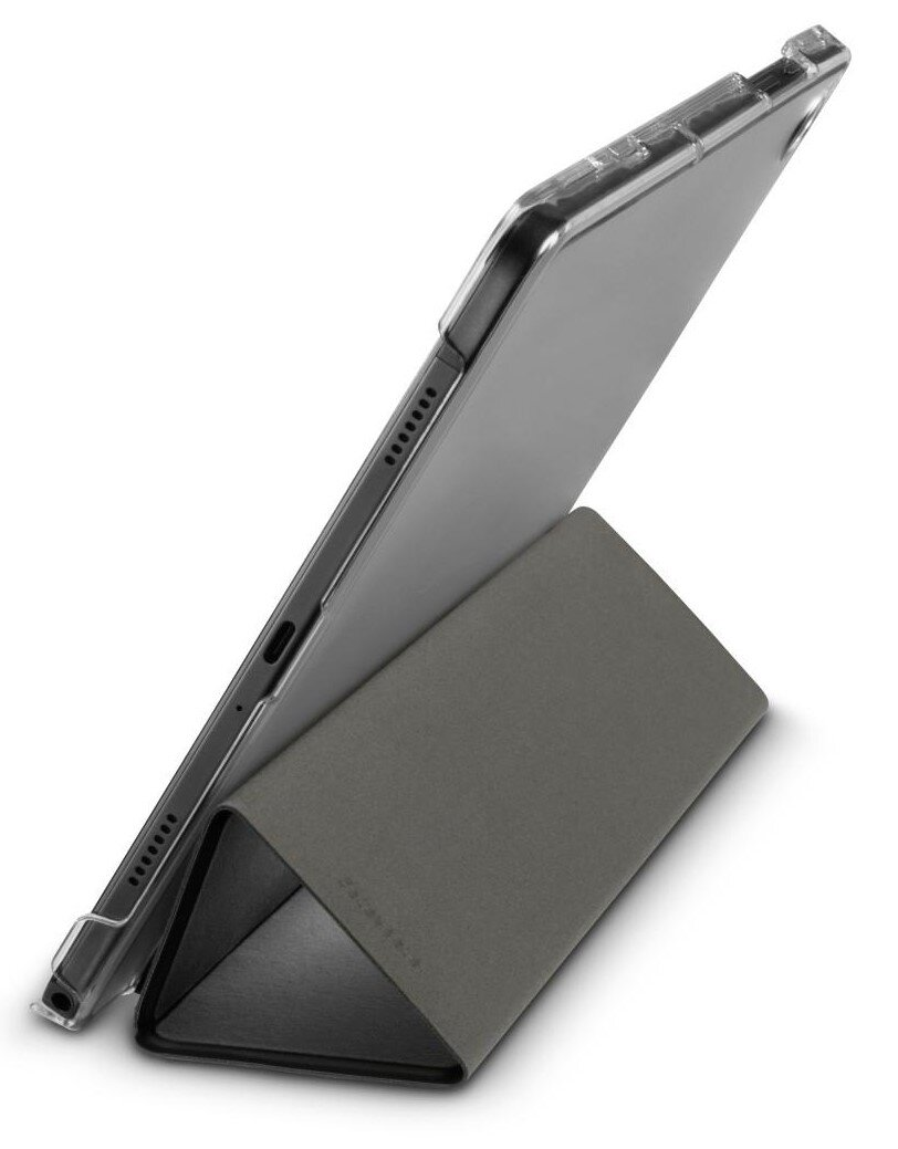 Tablet w przezroczystym etui ochronnym podparty przez stojak.