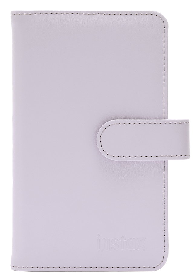 Jasnofioletowe etui na aparat Instax z paskiem.