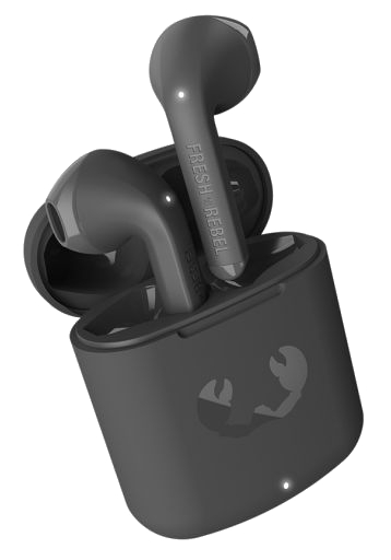 Ciemnoszare bezprzewodowe słuchawki i etui ładujące.