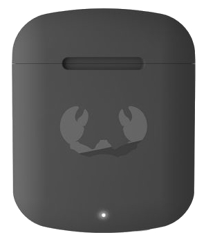 Ciemnoszare etui AirPods z logo kraba i małym białym światłem na dole.