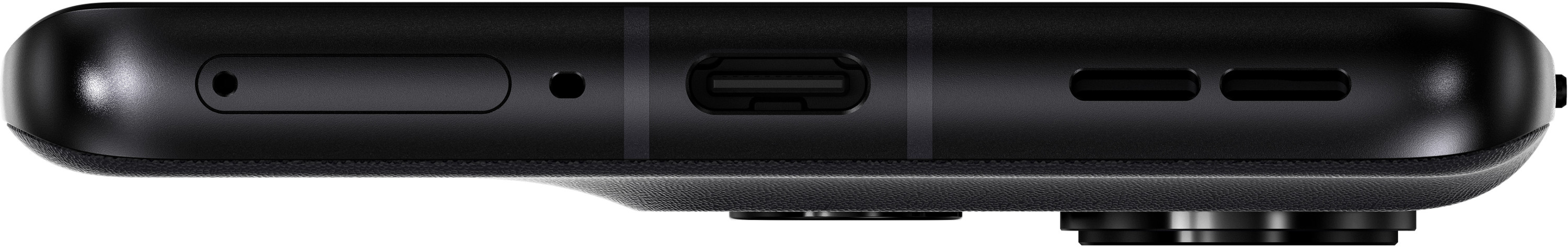 Zbliżenie z boku czarnego urządzenia z portami i mikrofonem.