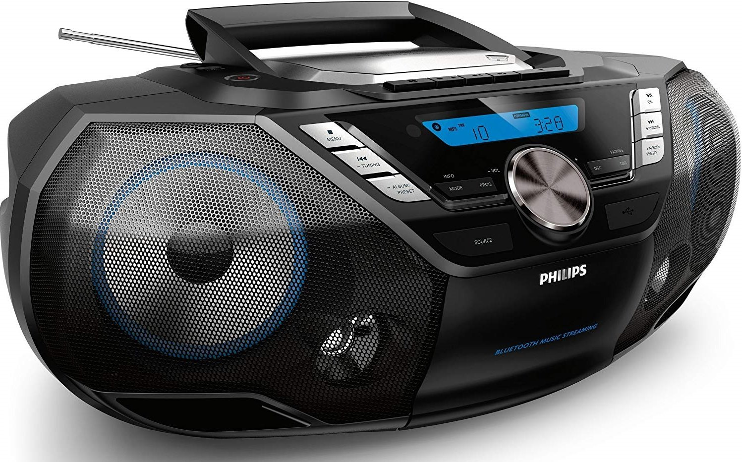 Czarny i szary boombox Philips z odtwarzaczem CD, głośnikiem i wyświetlaczem cyfrowym. Bluetooth włączony.