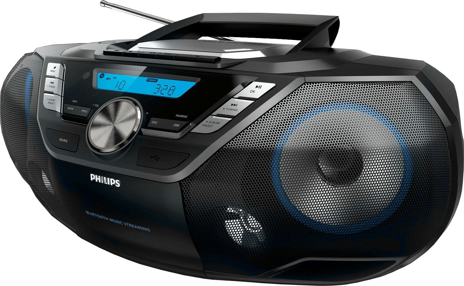 Czarny i srebrny boombox Philips z niebieskim wyświetlaczem i podświetleniem głośników.
