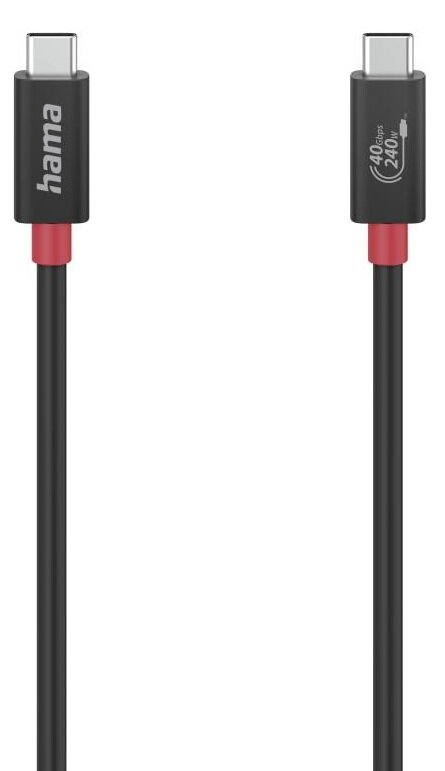 Czarny kabel USB-C z czerwonymi akcentami i marką na obu końcach, białe tło.