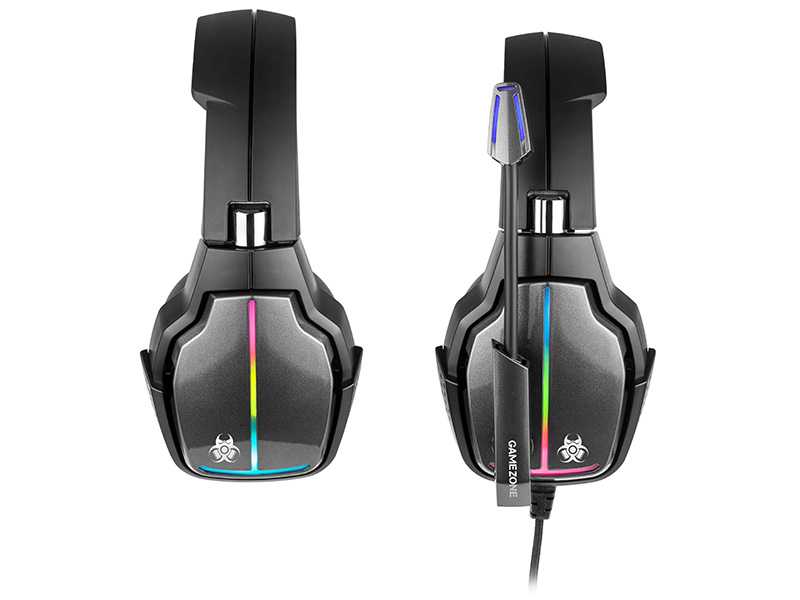 Para słuchawek dla graczy. Czarne, z kolorowymi diodami LED i mikrofonem.