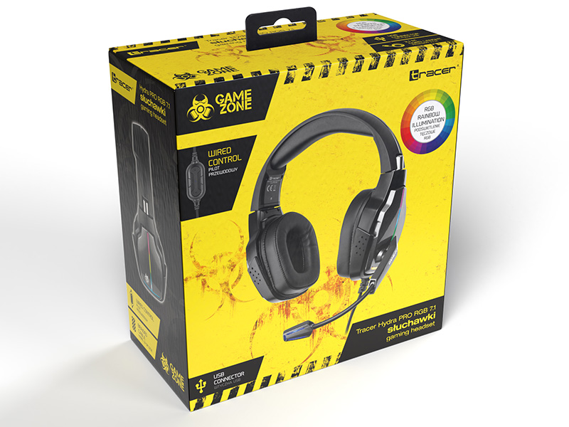 Pudełko słuchawek gamingowych Tracer Hydra Pro RGB Z1. Żółte pudełko ze zdjęciem czarnych słuchawek, białe tło.