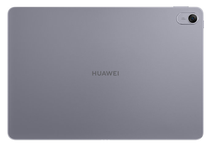 Szary tablet Huawei z aparatem w prawym górnym rogu i logo Huawei.