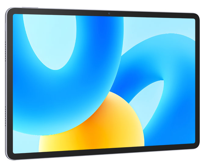 Tablet z ekranem wyświetlającym niebieskie i żółte abstrakcyjne kształty, czarna ramka.
