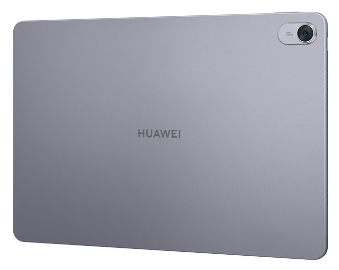 Srebrny tył tabletu z logo Huawei i aparatem.