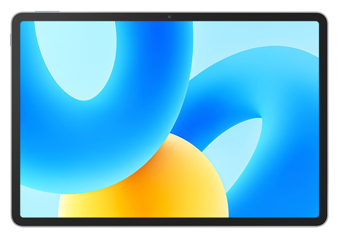 Tablet z niebiesko-żółtym abstrakcyjnym tłem na ekranie. Czarna ramka wokół ekranu.