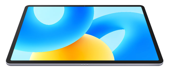 Tablet z niebieskim i pomarańczowym falistym tłem. Urządzenie ma szarą ramkę.