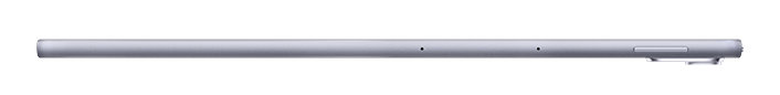 Widok z boku srebrnego tabletu. Urządzenie ma elegancki, smukły profil.