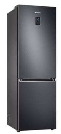 Czarna lodówka z dwudrzwiową konstrukcją, górne drzwi z wyświetlaczem.