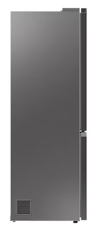 Widok z boku lodówki, szary z otworem wentylacyjnym na dole.
