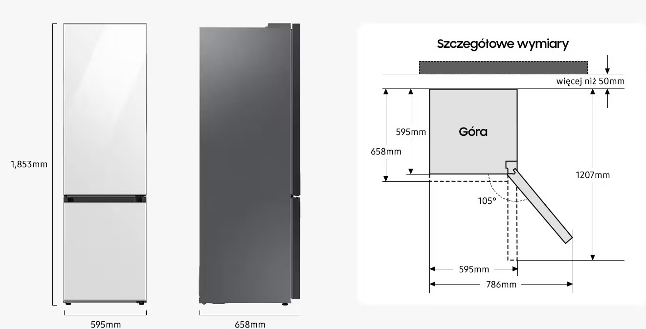 Schemat przedstawiający wymiary lodówki, z wymiarami w milimetrach.