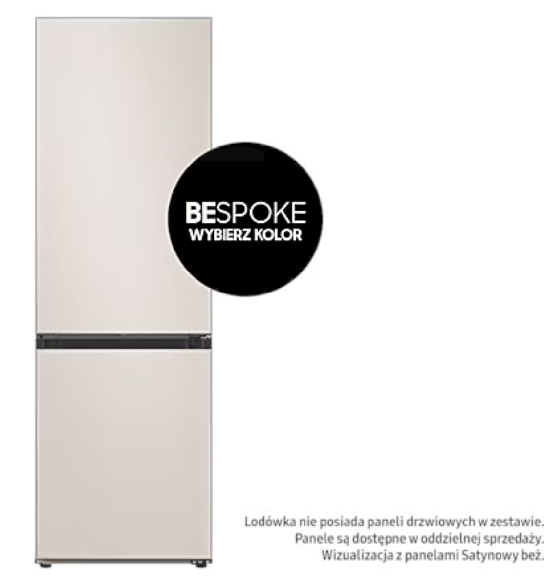 Biało-czarna lodówka z okręgiem z napisem 'Bespoke, Wybierz Kolor'.