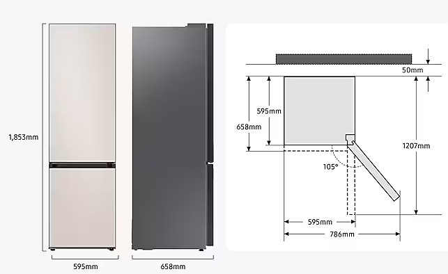Biała i szara lodówka z wymiarami. Schemat przedstawia instalację i wymiary.