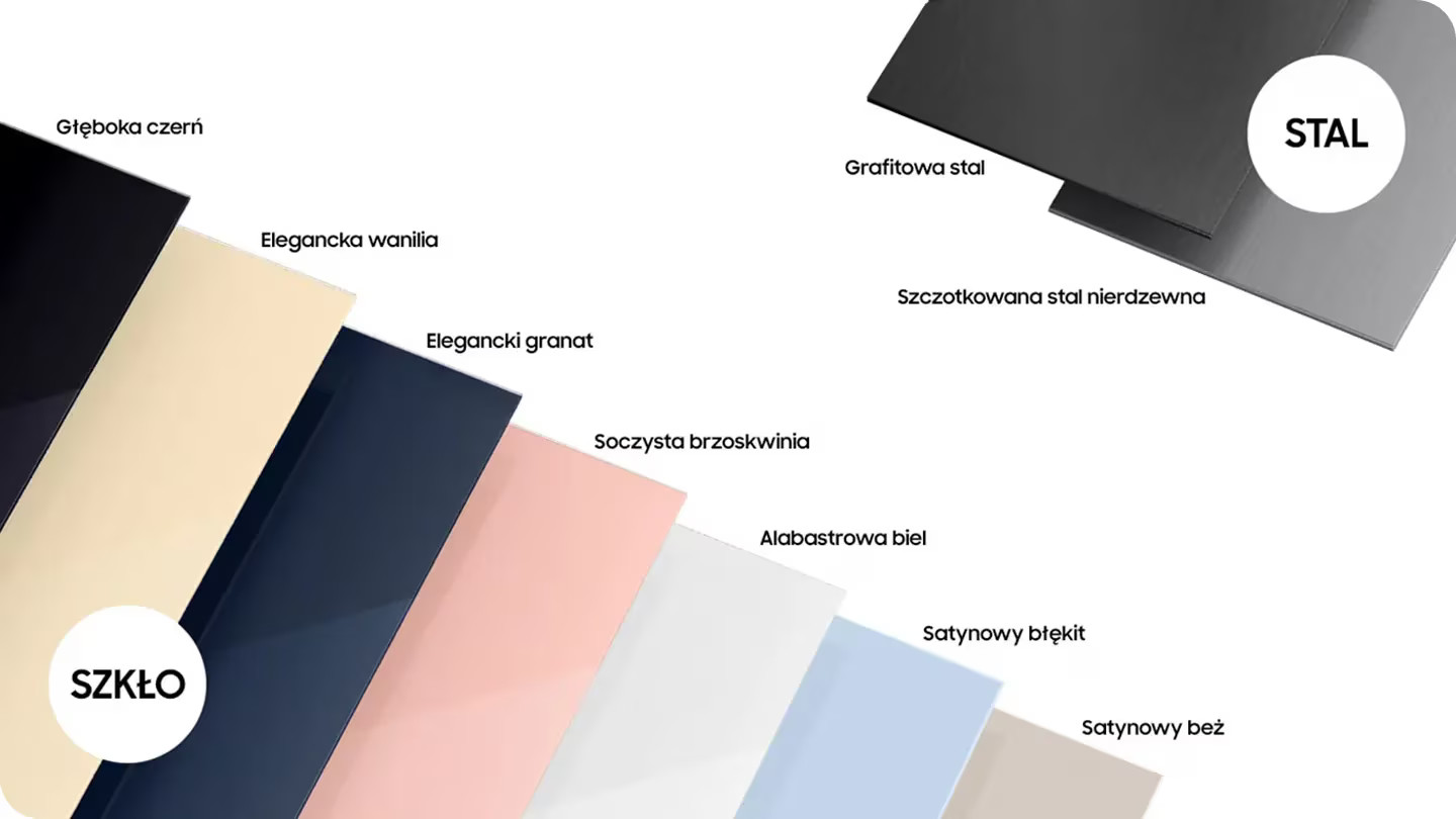 Próbki kolorów materiałów na szafki kuchenne, w tym szkła, stali i różnych kolorów.