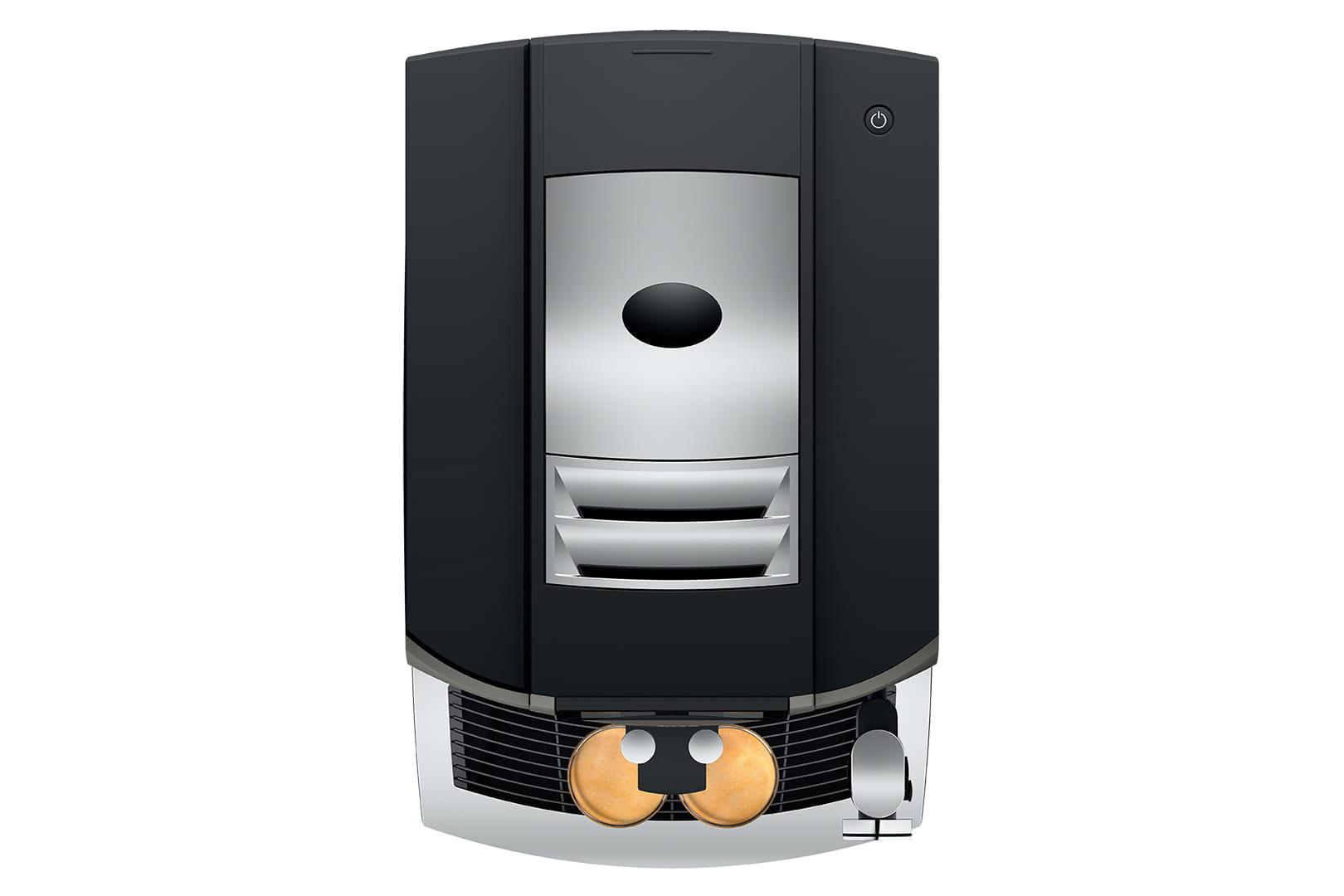 Schwarze und silberne Kaffeevollautomat, Draufsicht, mit ovalem Design und Power-Taste.