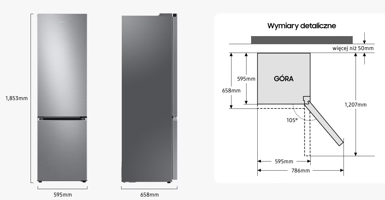 Srebrna lodówka z dwoma drzwiami. Diagram przedstawia wymiary i kąt otwarcia drzwi.