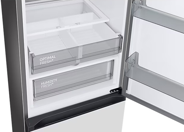 Wnętrze lodówki z szufladami na świeżą żywność: Optimal Fresh+ i Humidity Fresh+.