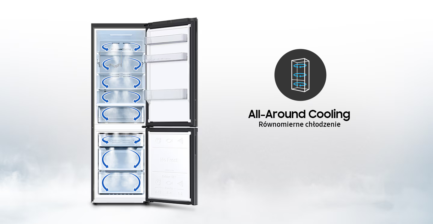 Czarna lodówka z otwartymi drzwiami, pokazująca komory i tekst All-Around Cooling.