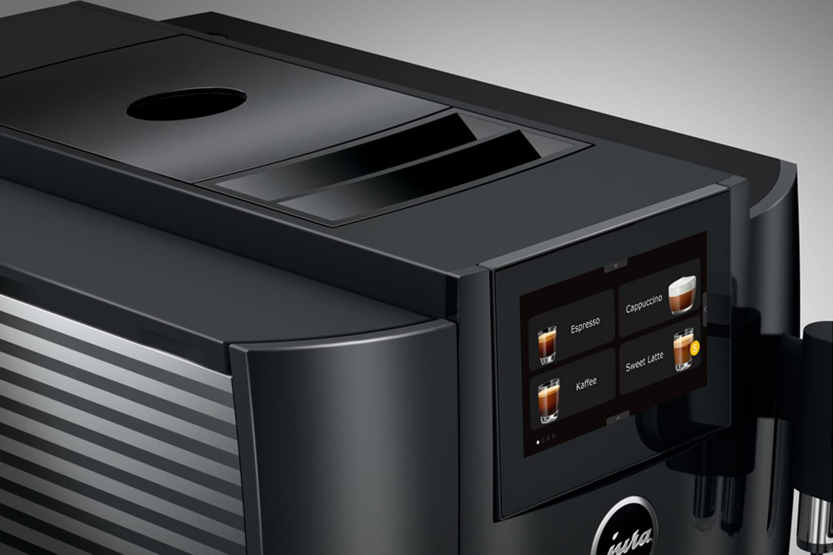 Schwarze Kaffeemaschine mit Touchscreen, der Kaffeeoptionen anzeigt.