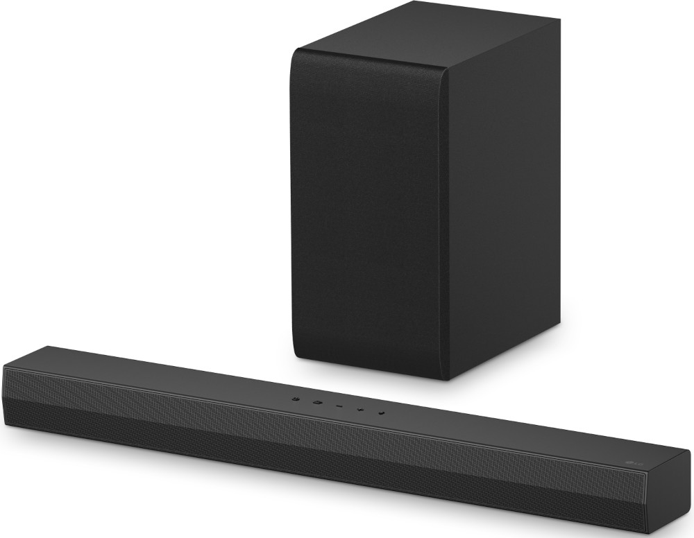 Black soundbar and subwoofer set. The soundbar is long and rectangular, the subwoofer is a cube.