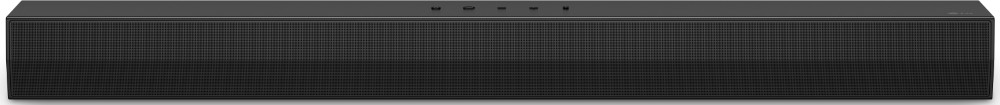 A black soundbar with a mesh front, viewed straight on.