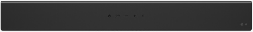 A black soundbar with a row of small buttons in the center.