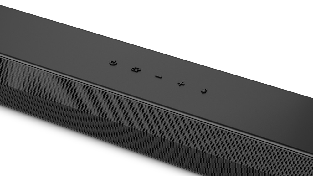 Close-up of a black soundbar with buttons on top, on a white background.
