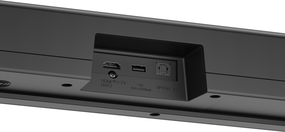 Soundbar with inputs, showing HDMI, USB, and Optical ports for connectivity.