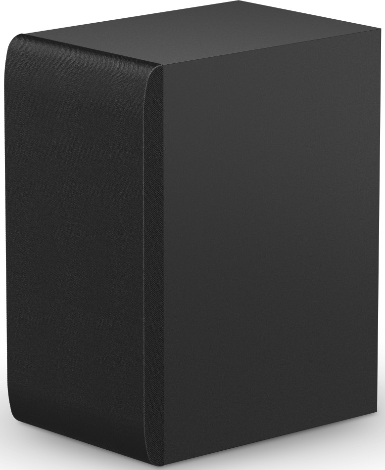 A black soundbar shaped like a rectangular prism with rounded edges, on a white background.