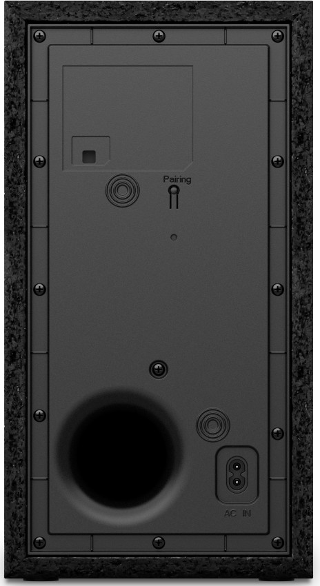 Back panel of a black speaker with connection ports and pairing and AC IN labels.