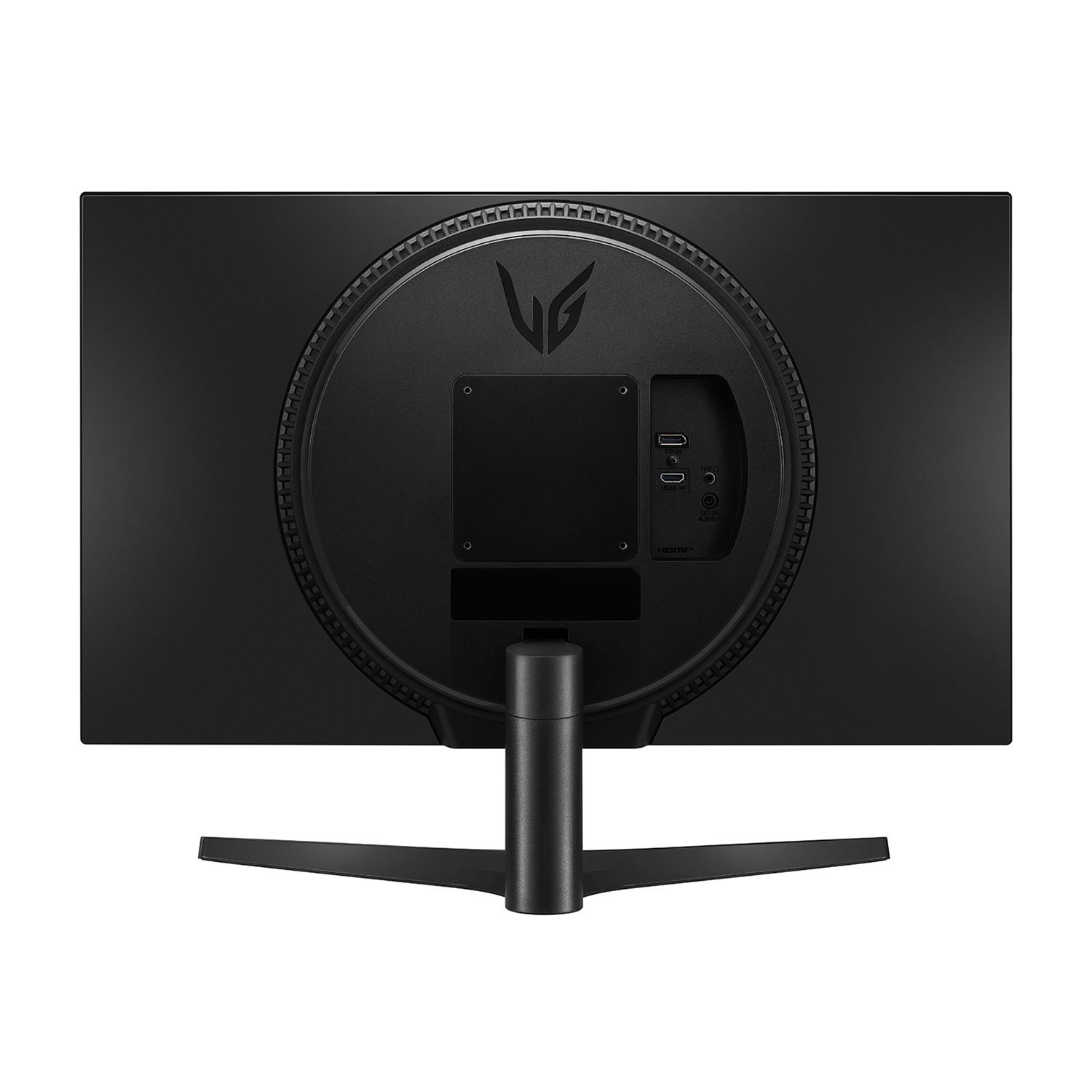 Il retro di un monitor LG nero con porte e supporto. Vista dall'alto diretta.