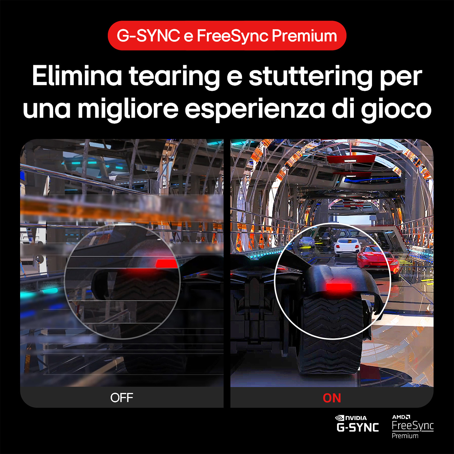 Uno schermo diviso mostra un gioco di corse automobilistiche con e senza tecnologia anti-tearing.