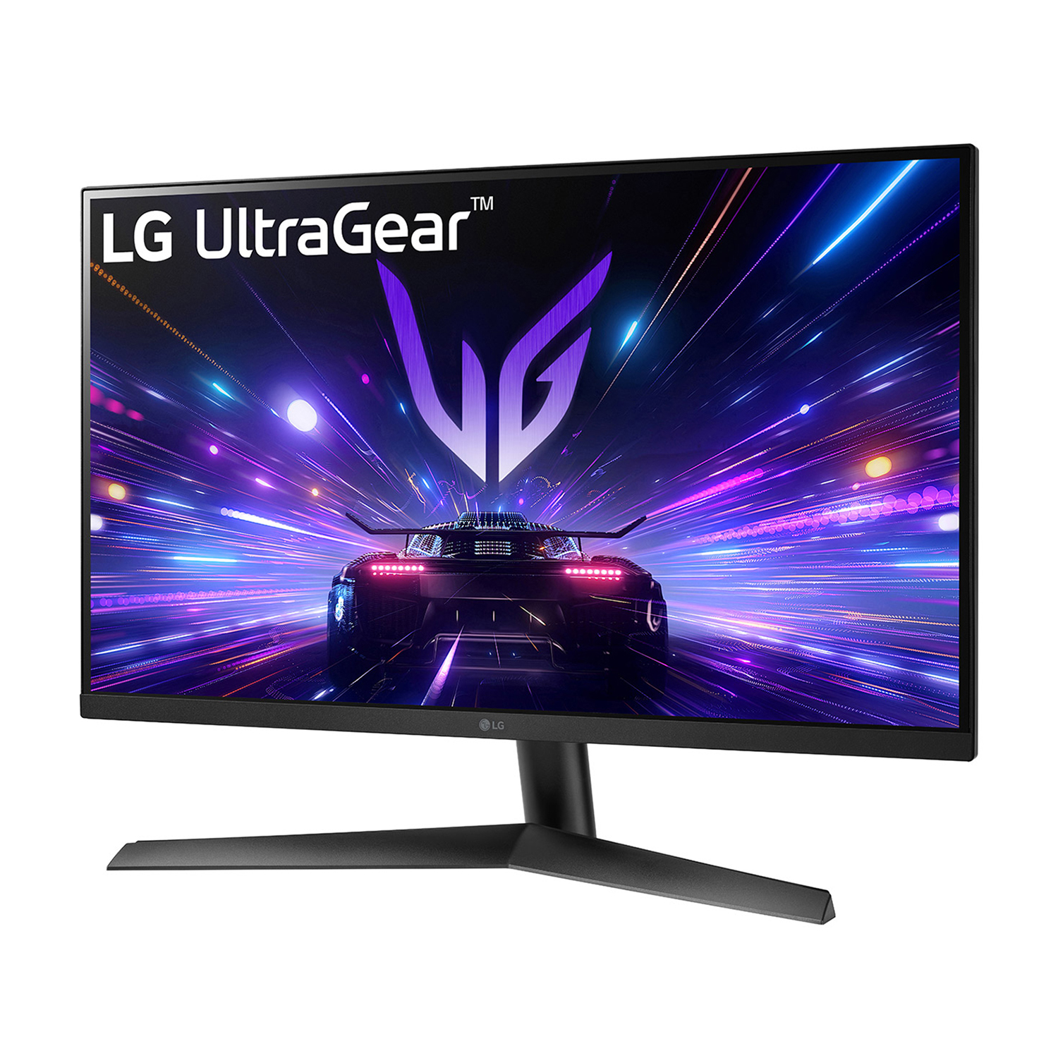 Monitor gaming LG UltraGear che mostra una scena di gare automobilistiche con scie di luce viola.