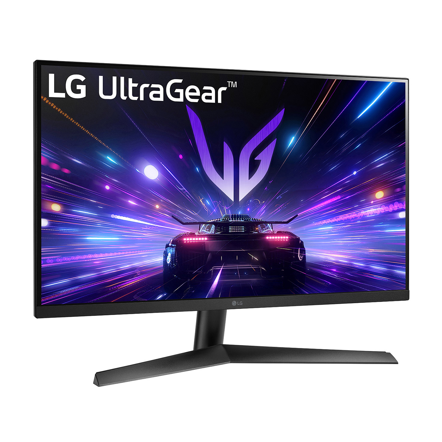 Monitor da gaming LG UltraGear. Cornice nera, supporto. Grafica di auto da corsa in viola.
