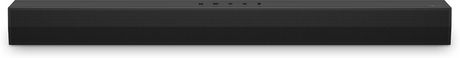 Schwarze Soundbar mit Knöpfen oben. Sie ist lang und rechteckig.