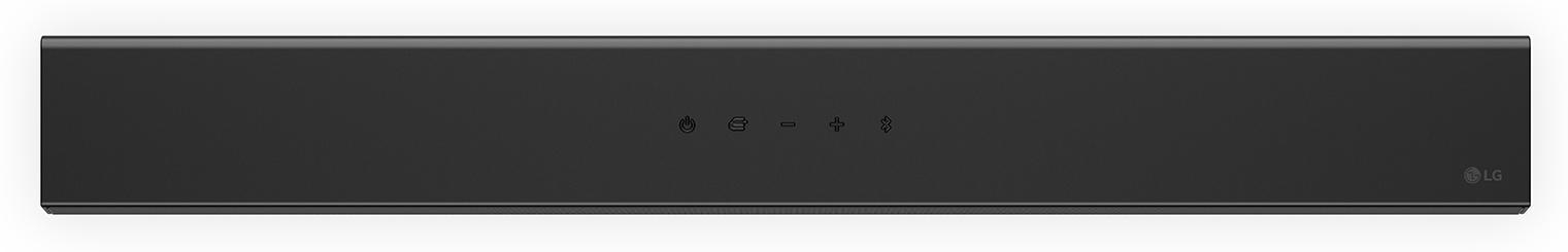 Eine schwarze Soundbar mit Knöpfen und dem LG-Logo auf weißem Grund.