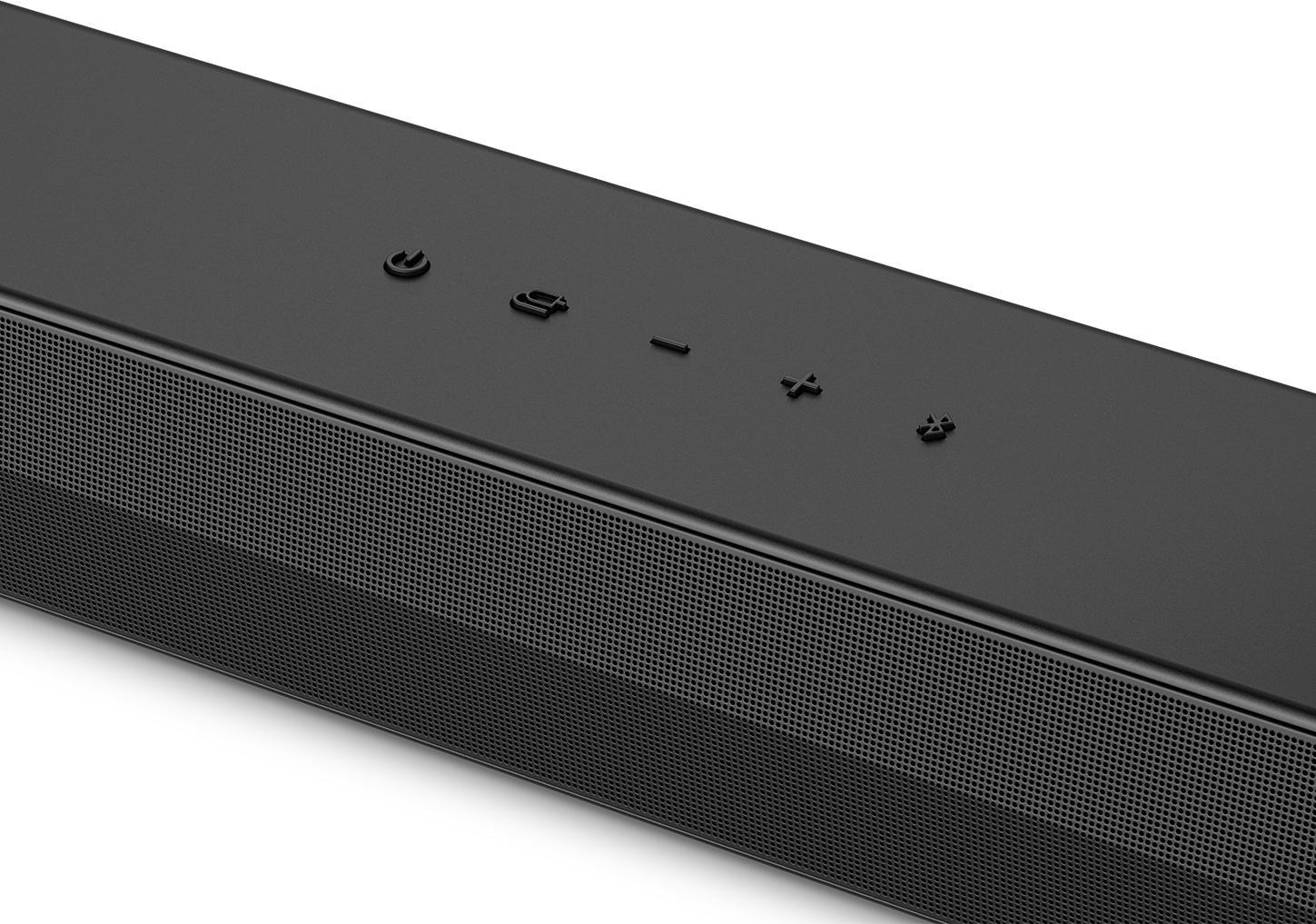 Schwarze Soundbar mit Bedienelementen oben. Perforierter Lautsprechergrill. Sauberes Design.
